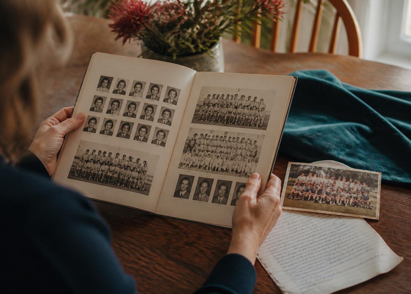 Looking through an old school yearbook and photographs