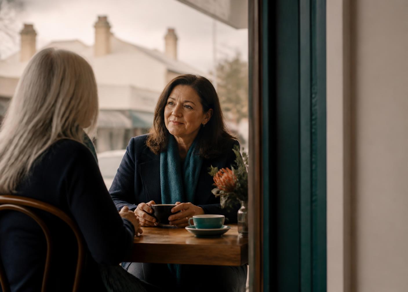 Two old friends sharing a quiet conversation at a neighbourhood café